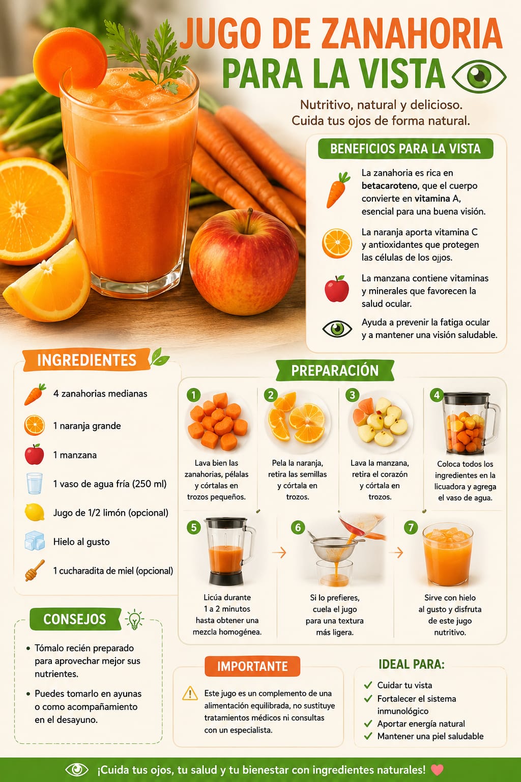 Jugo de zanahoria para la vista: beneficios y receta saludable